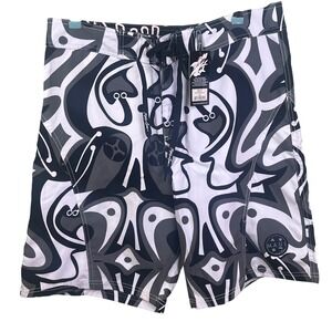 Maui & Sons Black White Abstract Tribal Graphic Board Shorts Beach NWT‎ 34-36